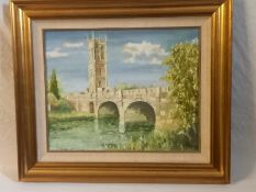 A 20th century oil on board after the original by Rosemary Young titled 'Magdalen College Oxford',