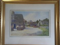 An early 20th century framed and glazed watercolour, village scene with haycart, signed H Bailey.