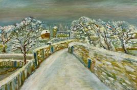 A contemporary Impressionist style oil on canvas laid board, wintry village landscape, signed and