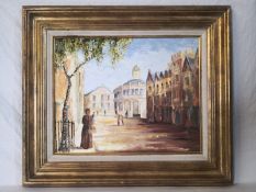 A 20th century oil on board depicting figures in a Continental town, signed J. Creasy to the lower