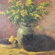 A C.1900 oil painting on canvas, still life flowers, fruit and cat titled 'Goldenrod & Scruffy' by