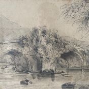 An early 19th century pencil drawing, study of a bridge in a rural landscape, indistinctly signed