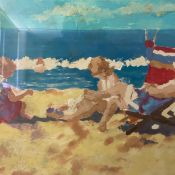 A 20th century English school acrylic on canvas laid board depicting bathers on a sandy beach in a