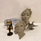 A mixed collection to include a sheet metal model plane on a circular plinth base, a French brass
