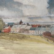 A Modern British style watercolour, figures walking into town, signed and dated 1976 to the lower