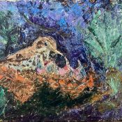 A contemporary impasto oil on canvas depicting a bird in its nest in a painted and distressed frame.