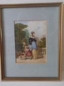 An early 19th century French watercolour, mother, child and dog, indistinctly signed and inscribed