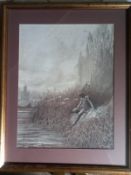 A 19th century watercolour and wash study, possibly King Arthur by the lake, framed and glazed.