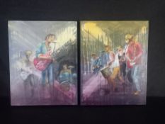 A pair of acrylic paintings on canvas, live bands, signed and dated Les Benson to the reverse.