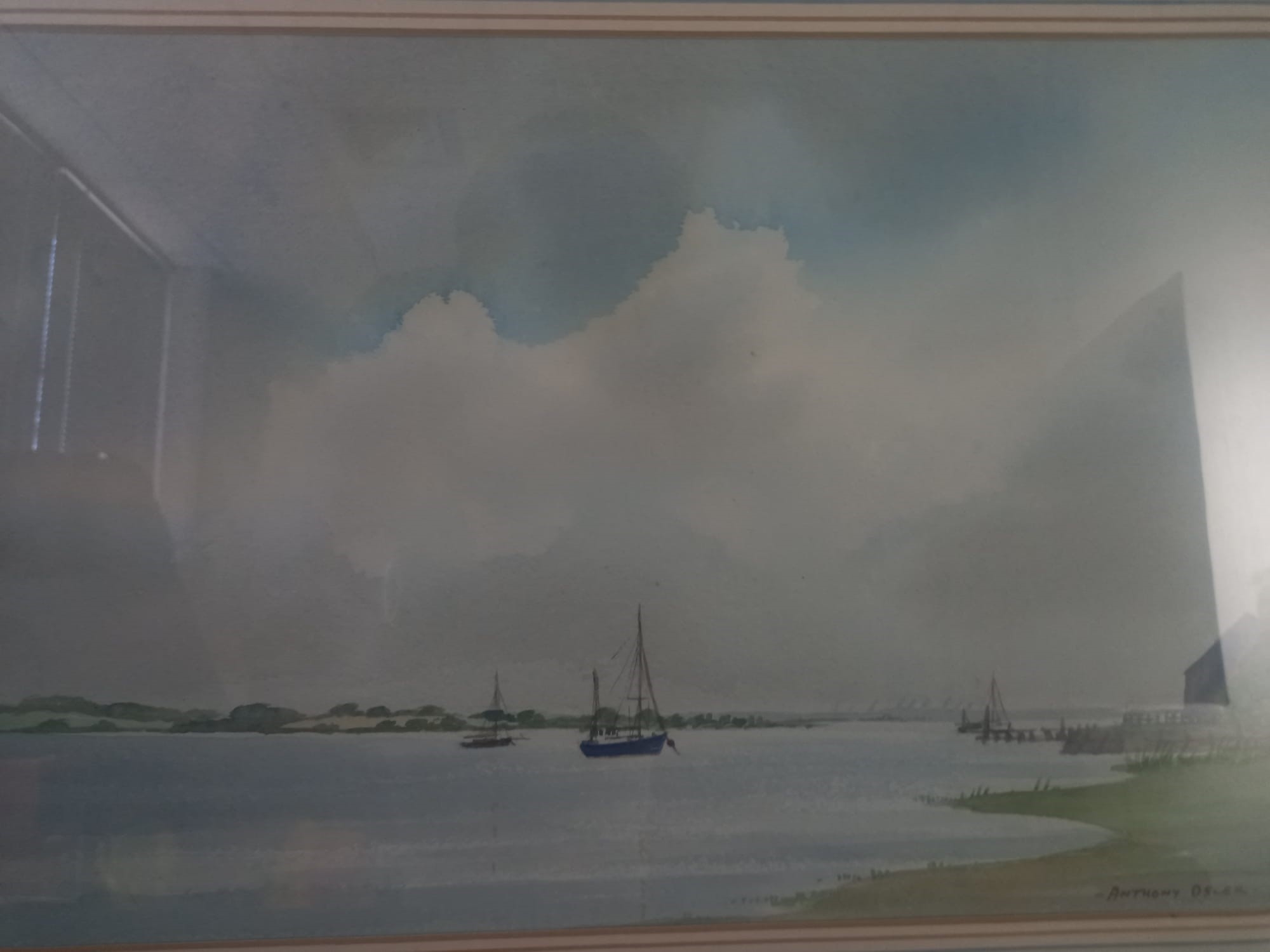 A pair of framed and glazed watercolours, sailing boats at sea, signed Anthony Osler, with gallery - Image 2 of 6