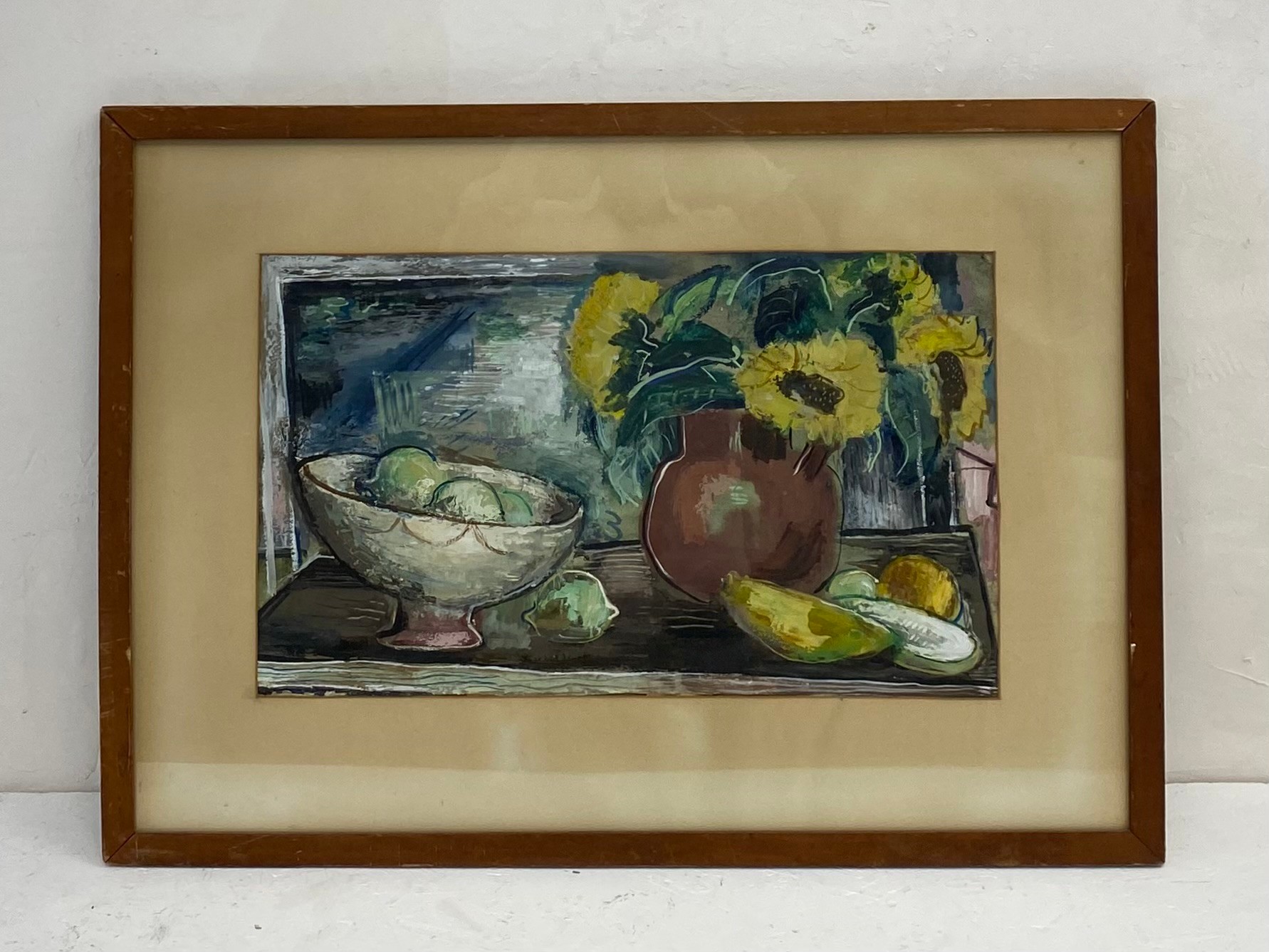 William Halsey (1915-1999), a Modernist gouache still life titled 'Limes and Sunflowers' in a glazed - Image 2 of 4