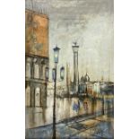 A mid 20th century oil on canvas depicting figures in St. Mark's square, signed to the lower right