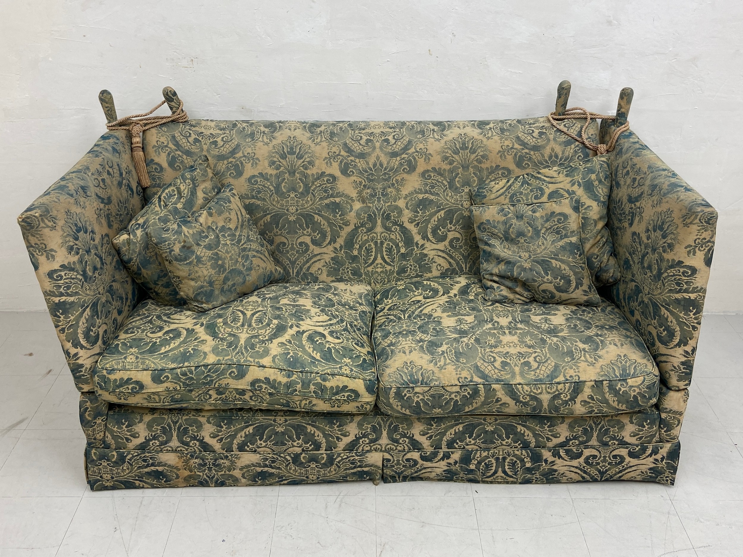A vintage Victorian style Knoll drop arm two seater sofa having a square back and arms over a deep - Image 2 of 7