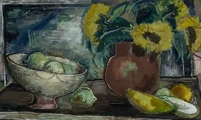 William Halsey (1915-1999), a Modernist gouache still life titled 'Limes and Sunflowers' in a glazed