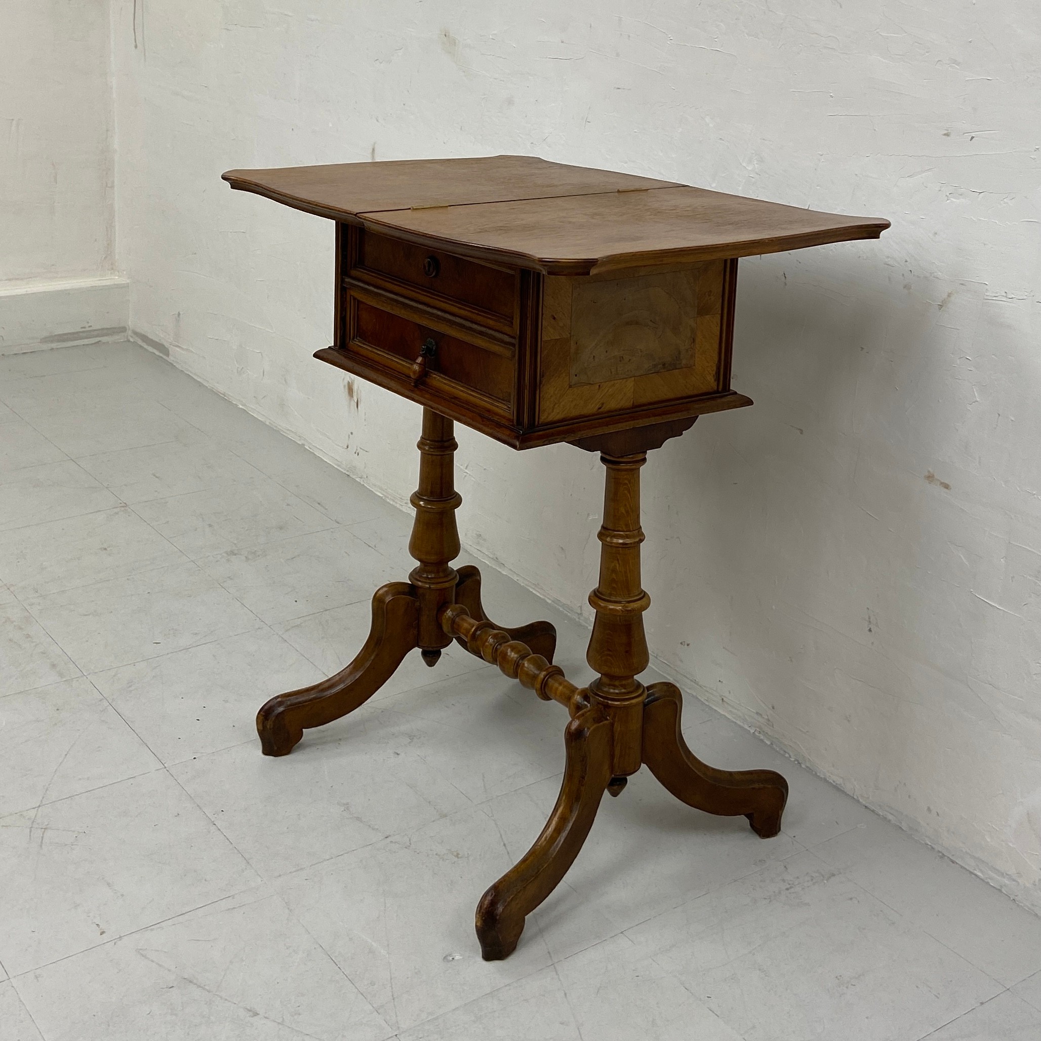A 19th century Continental walnut side or work table having a book-matched and crossbanded revolving - Image 6 of 7