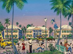 John Lodi (1944-2018), a framed oil on panel, street scene with figures Nassau, Bahamas. H.20 W.