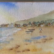 A contemporary watercolour depicting sailing boats in a coastal landscape. Framed and glazed. 46 x