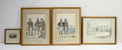 A mixed set of prints to include a small hand coloured engraving of Cortachy Castle, Scotland, a