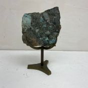 A blue angel aura quartz or amethyst geode on brass stand. H.21cm (combined height)