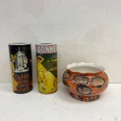 A pair of vintage ceramic cy;indrical vases decorated with printed Art Nouveau coffee and beer
