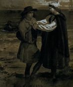 After James Archer, ink wash, Pre-Raphaelite style figures with inscription to the reverse, framed