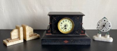 A 19th century slate mantel clock, a vintage 19th century style alabaster clock and a pair of marble