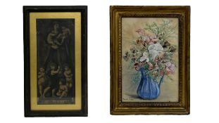 A 19th century print, the Madonna, titled Caritas 45x26cm and a mid century watercolour, still