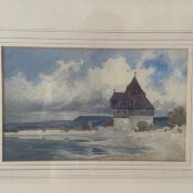 A 20th century watercolour, house in a Continental coastal landscape, framed and glazed. 51 x 41cm