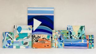 A collection of eight contemporary abstract and figurative acrylic paintings on canvas and board