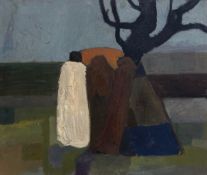 Peer Lorentz Dahl (1915-2005), a 20th century oil on board, abstract figures and a tree in a country