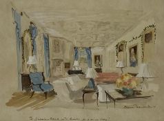 A 20th century watercolour study of a grand sitting room, signed to the lower right with an