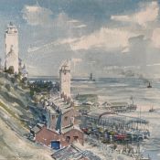A mid-century watercolour of a small harbour town, signed and dated 1963 to the lower left in a
