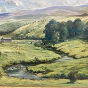 Maurice Codner (1888-1958), a gilt framed oil on canvas, farmhouse, sheep and a stream in a hilly
