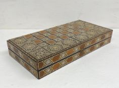 A large vintage Damascus inlaid backgammon box and counters. W.50cm