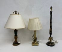 A collection of three vintage table lamps to include a hand decorated lacquered example. H.66cm