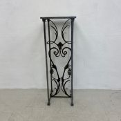 A contemporary wrought iron urn stand with plate glass top. H.89 W.30 D.30cm