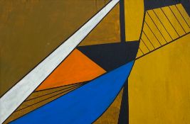 A mid 20th century Constructivist style abstract painting on board in a black painted frame with