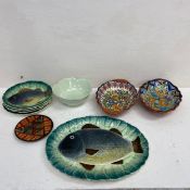 A mixed collection of ceramics to include a large mid-century fish platter with four matching plates