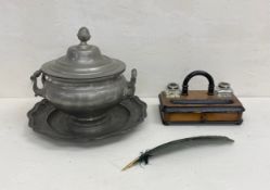A mixed lot to include a lidded pewter tureen and matching tray, a quill pen and a 19th century