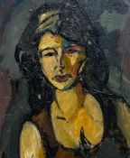 A mid century Fauvist style oil on board, portrait of a lady, in a painted and hessian lined