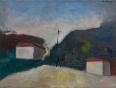 Gilberto Filibeck (b.1930), a mid 20th century oil on canvas, abstract buildings and pylon, signed