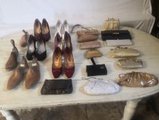 A mixed collection of vintage ladies shoes, handbags and shoe trees.