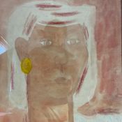 A contemporary naive watercolour and crayon portrait of a lady in a glazed frame. 53x71cm