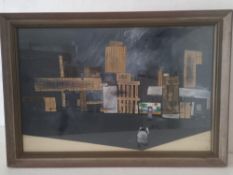 A framed and glazed mixed media industrial cityscape. 66x46cm