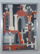 A framed oil on board, abstract architectural study, Athens signed E Hill. 63x84cm.