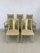 Three vintage painted faux bamboo armchairs along with a pair of similar dining chairs. H.102cm