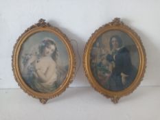 A pair of 19th portrait prints in giltwood and gesso frames with handwritten inscriptions to the
