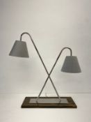 A contemporary chrome twin branch table lamp on lacquered zebrawood base. 73x52x20cm