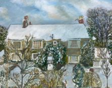 A contemporary oil on canvas laid board by Michael Atwood, wintry country house, signed and dated