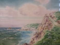 An early 20th century framed and glazed watercolour, seascape with cliffs and sheep, signed A